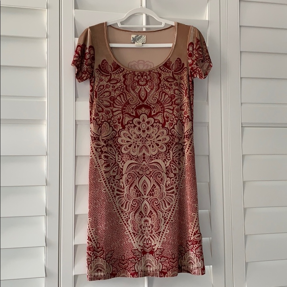 Red & Creme colored patterned  velvety dress